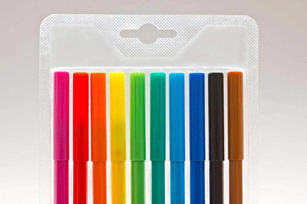 Colorful markers in blister packaging
